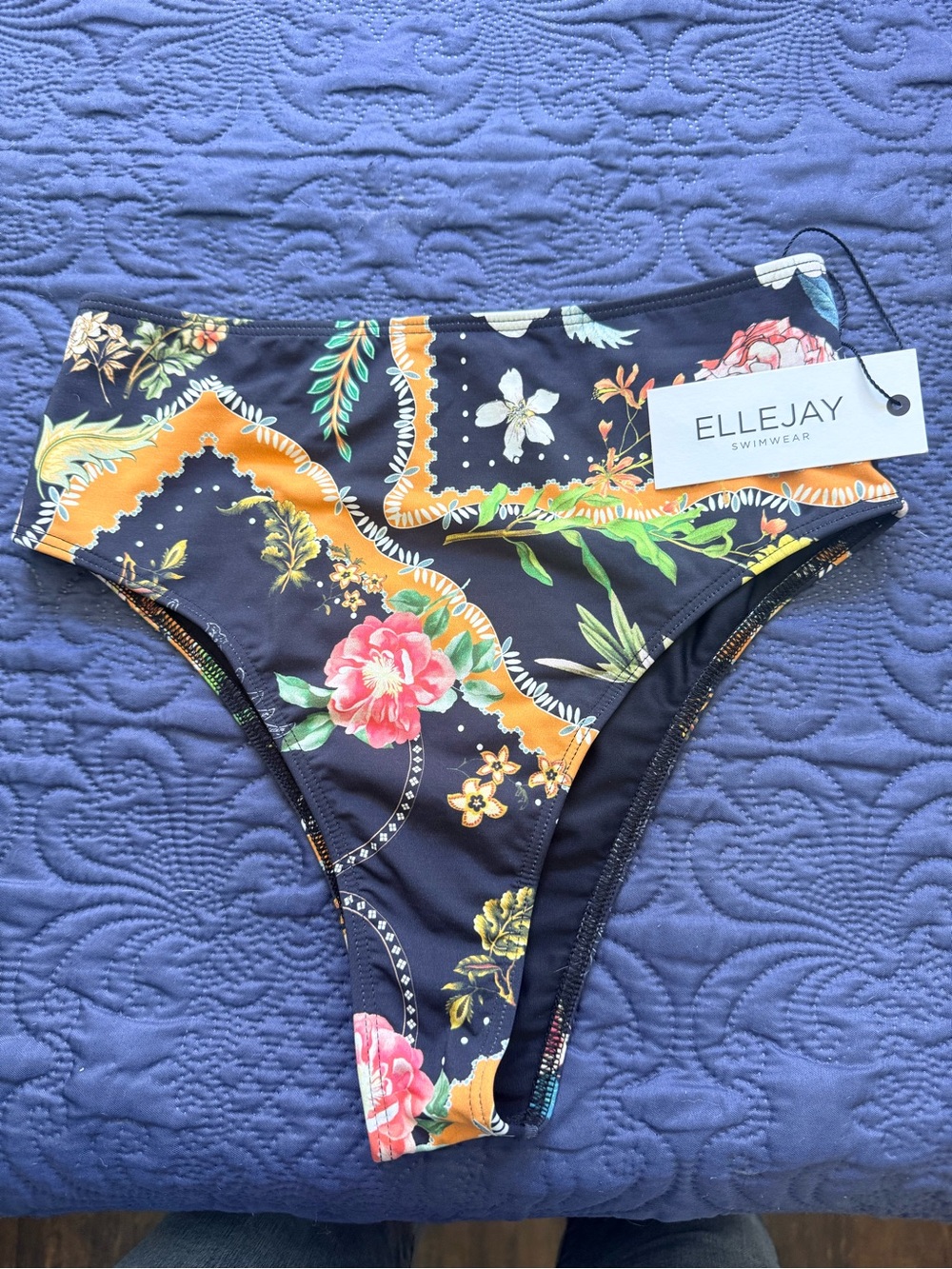 ELLEJAY Navy Floral High-Rise Bikini Bottom
